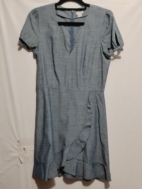 J. Crew Faux Wrap Chambray Blue Puff-Sleeve Ruffle Midi Dress